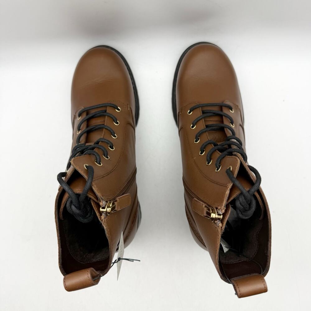 Cole Haan Womens Camea Combat Boots US 7 Brown Leather Zip Side Waterproof NWOB - Picture 10 of 12